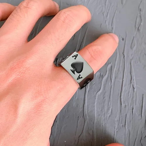 Miniatura 5 de Anillo de acero inoxidable JAJAFOOK para hombre, póquer, negro plateado, tamaños 6 14