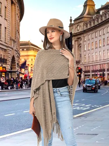 Miniatura 7 de Soul Young - Chal de punto para mujer, poncho con flecos y capa