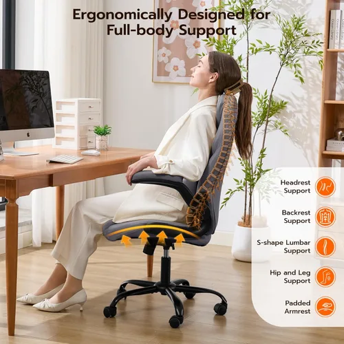 Miniatura 5 de Silla de escritorio de oficina, silla ergonómica para computadora con brazos abatibles acolchados y soporte lumbar ajustable, silla ejecutiva de Gris