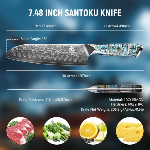 Miniatura 3 de Cuchillo Santoku de acero de Damasco de 7 pulgadas, hoja profesional japonesa 10Cr15MOV con patrón de martillo forjado a mano, cuchillo de cocina