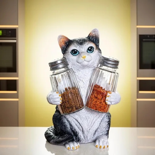 Miniatura 4 de Juego de salero y pimentero de resina con soporte y tarros de especias de cristal, decoración de cocina para amantes de los gatos, figura de gato