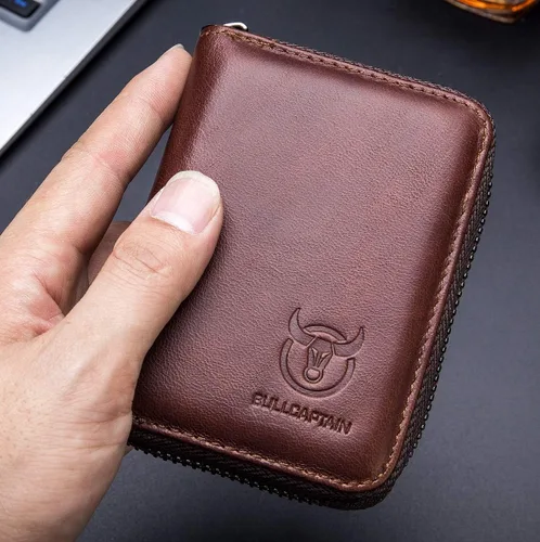 Miniatura 4 de BULLCAPTAIN Cartera de cuero genuino para hombre, tarjetero con cremallera para tarjetas de crédito, Marrón