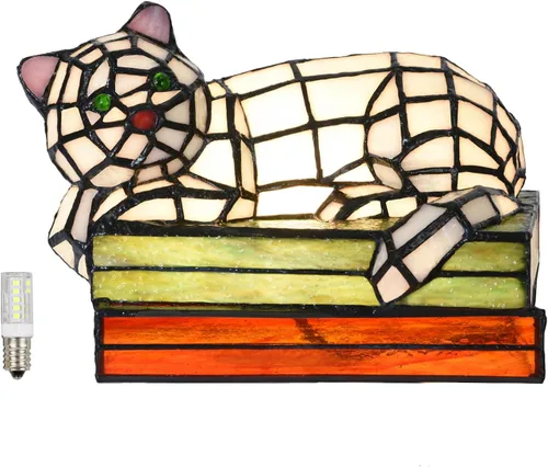 Miniatura 9 de A0013 - Lámpara de mesa estilo Tiffany con diseño de gato dormido, 11.5 pulgadas de largo x 7.125 pulgadas de ancho x 5.5 pulgadas de alto, luz