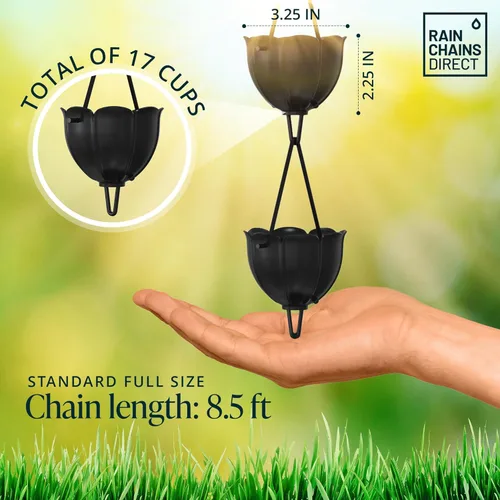 Miniatura 3 de Rain Chains Direct - Cadena de lluvia de tulipán - 8.5 pies - Aluminio recubierto de polvo negro - Cadenas de lluvia premium para canalones