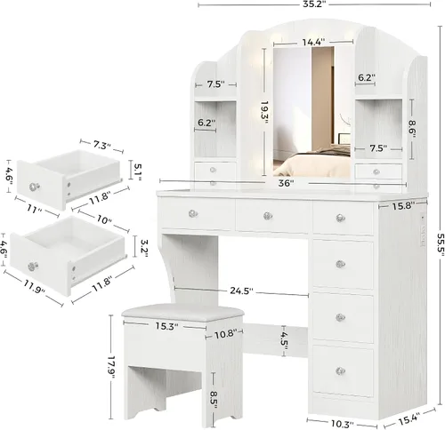 Miniatura 2 de IRONCK Escritorio de tocador con espejo y luces, mesa de tocador de maquillaje con 10 cajones, organizador de joyas, toma de corriente, taburete