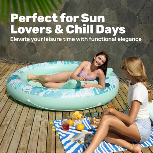Miniatura 8 de SLOOSH Flotador inflable para piscina de bronceado, flotadores de piscina de 72 x 56 pulgadas para adultos con almohada, flotador redondo 4 en 1