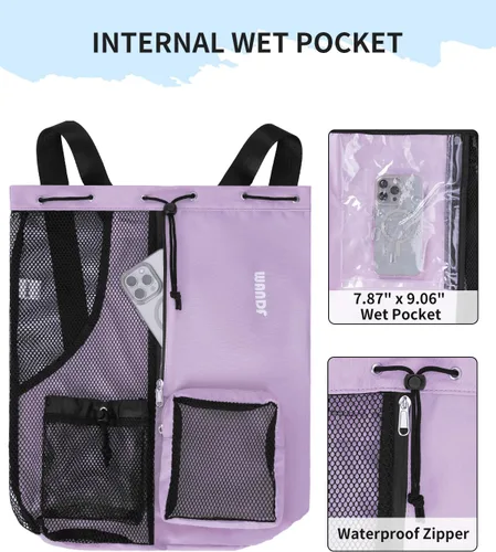 Miniatura 3 de WANDF Mochila de Malla con Cordón para Natación, con Bolsillo para Artículos Húmedos, para Natación, Gimnasio y Equipo de Entrenamiento Púrpura