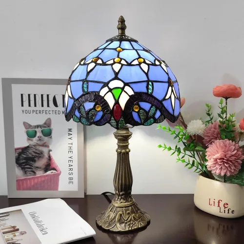 Miniatura 12 de Lámpara de mesa pequeña Tiffany de 8 pulgadas, estilo Tiffany, lámpara de escritorio, vitral, luz antigua, lámpara de noche para dormitorio