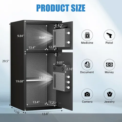 Miniatura 7 de Caja Fuerte Grande de 6.5 Pies Cúbicos a Prueba de Fuego e Impermeable, Caja Fuerte para Dinero con Función Silenciosa y Luz LED, Cajas Fuertes