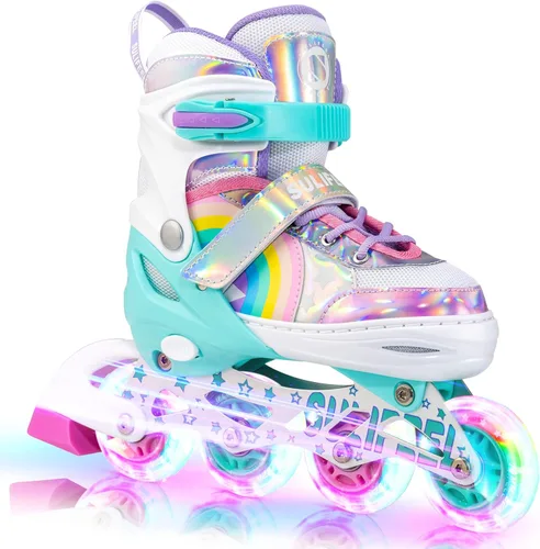 SULIFEEL Patines en línea de unicornio arcoíris para niñas y niños, 4 tamaños, ajustables, con ruedas iluminadas, para niños principiantes Un arco