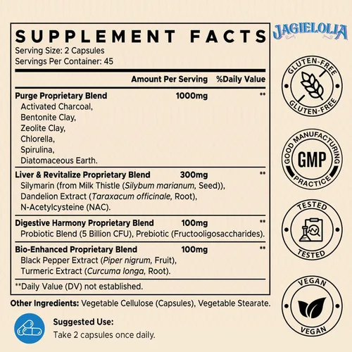 Miniatura 2 de Jagielolia Suplemento de desintoxicación todo en uno de 1500 mg – Alta biodisponibilidad, limpieza de desintoxicación intestinal hepática con carbón