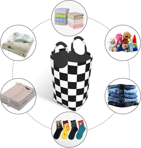 Miniatura 5 de Cesta de ajedrez en blanco y negro con asas, cesta de lavandería a cuadros, organizador de almacenamiento de juguetes, cubo plegable, bolsa de ropa