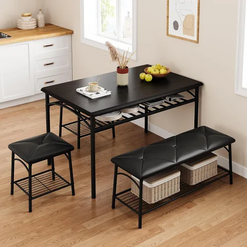 Miniatura 5 de IDEALHOUSE Juego de 4 mesas de comedor para 4, mesa de cocina con banco de comedor tapizado y taburetes cuadrados, juego de comedor para 4 personas
