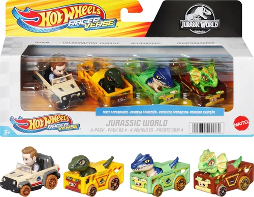 Hot Wheels - Autos de juguete fundidos a presión, paquete de 4 vehículos RacerVerse con personajes de Jurassic World Charlie, Owen, Dilophosaurus y