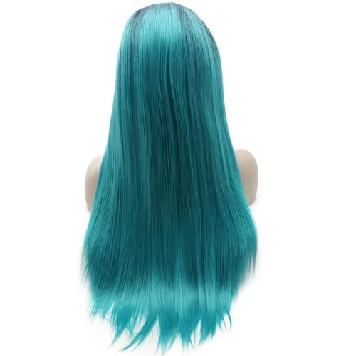 Miniatura 6 de Mxangel - Peluca sintética larga atada a mano, color azul ombré, con encaje frontal, resistente al calor, fibra de pelo Azul Degradado