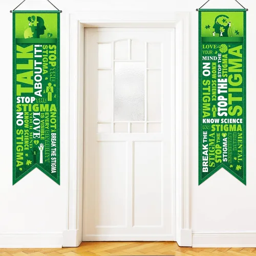 Blulu 2 piezas de decoraciones de concientización sobre la salud mental, pancarta de concientización de cinta verde para porche, terapeuta, salud