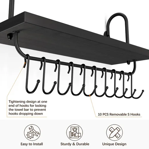 Miniatura 5 de Olakee Estantes flotantes de pared para cocina, baño, rincón de café con 10 ganchos ajustables para tazas, utensilios de cocina o toallas, estantes