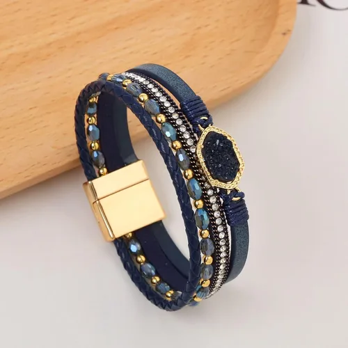 Miniatura 2 de Jewbelet - Pulsera de cuero estilo bohemio con cuentas de cristal con cierre de joyería para mujer