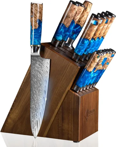 Miniatura 10 de SENKEN 15-Piece Damascus Knife Block Set - Black Tsunami Collection - Japanese Chef Knife Set with 67-Layer Japanese VG10 Steel Blades
