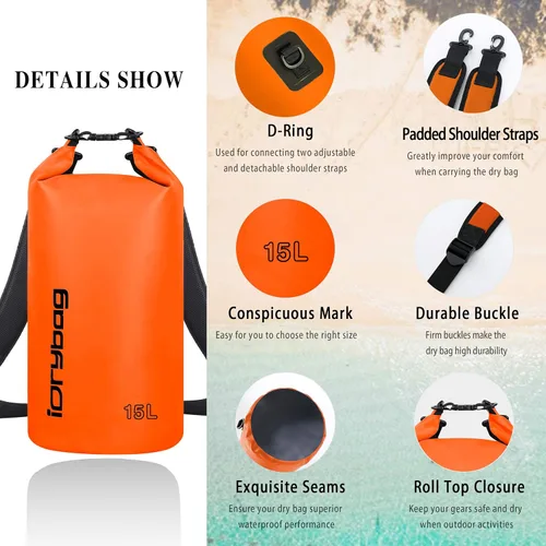 Miniatura 2 de IDRYBAG Bolsa seca para kayak impermeable 2L/5L/10L/15L/20L, pequeña bolsa impermeable para navegación Naranja