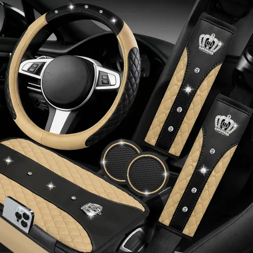 NBTEPEM Juego de 6 accesorios brillantes para automóvil, fundas universales de cuero para volante de 14.5-15 pulgadas, funda para consola central,