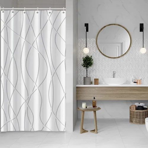 Miniatura 80 de Cortina de ducha pequeña a rayas gris claro degradado para baño, 36 x 72 pulgadas, juego de cortina de ducha geométrica para cabina de RV