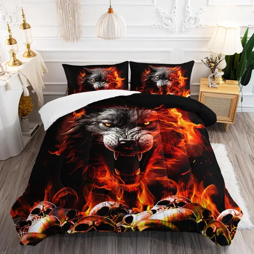 Miniatura 24 de AILONEN Juego de edredón con cabeza de lobo impresa tamaño individual, juego de ropa de cama de lobo para la noche para niños y hombres, juego