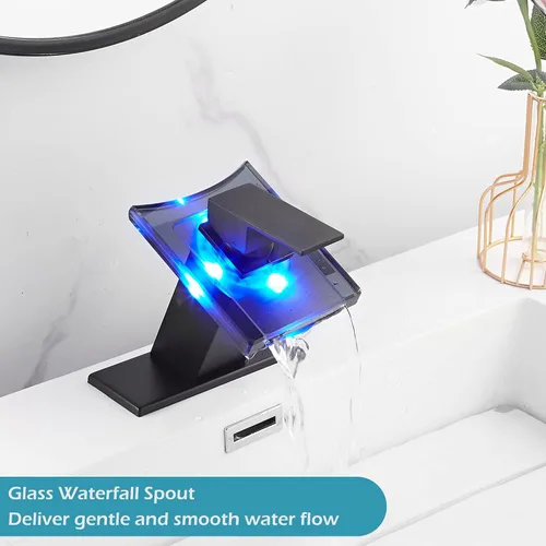 Miniatura 7 de Grifo negro para baño, caño de vidrio LED con cascada con tapón de drenaje de desbordamiento, mango único, montaje en cubierta de un agujero, diseño