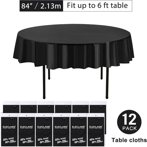 Miniatura 2 de Eleclassi Negro Paquete de 12 Manteles Redondos de Plástico Desechables Premium - Manteles de Mesa de Plástico Redondos de 84 Pulgadas para Fiestas