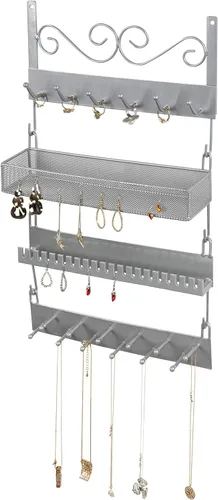 Miniatura 6 de MyGift Organizador de joyería colgante de metal plateado de 4 niveles con 18 ganchos, soporte para pendientes y collar, estante para exhibición