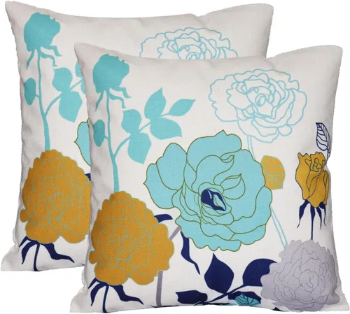 Miniatura 14 de Juego de 2 fundas de almohada de lino y algodón para sofá, 7.1 x 7.1 pulgadas, serie de pájaros y flores, mezcla de algodón, Amarillo y agua