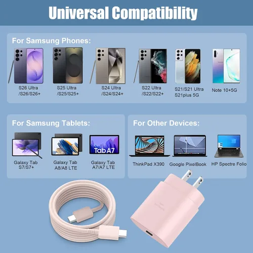 Miniatura 4 de Cargador súper rápido tipo C, bloque de carga de pared PD USB C de 25 W y cable de C a C de 6 pies para Samsung Galaxy S25/S24 Ultra/S24/S24+/S23