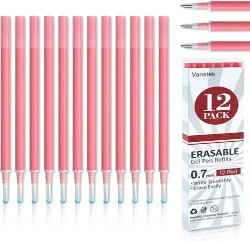 Miniatura 8 de Vanstek 12 recargas de bolígrafo de gel borrable negro, recargas de tinta de gel compatibles con bolígrafos borrables, punta fina de 0.7 mm