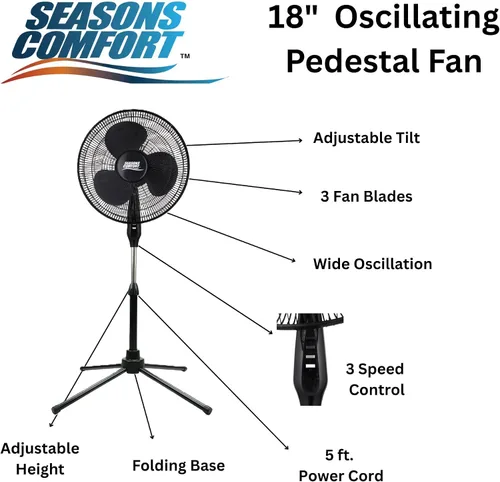 Miniatura 3 de Seasons Comfort Ventilador de pedestal oscilante de 18 pulgadas, 3 velocidades, altura ajustable, botones, silencioso, ventilador de refrigeración