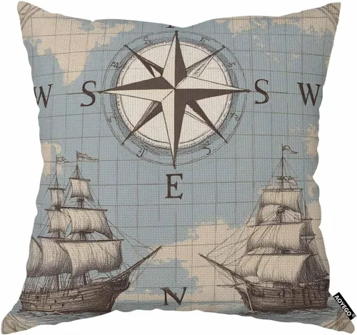 AOYEGO Funda de almohada decorativa con mapa del mar, brújula mundial, velero, velero, historia de viajes, viaje, océano, 18 x 18 pulgadas, funda de