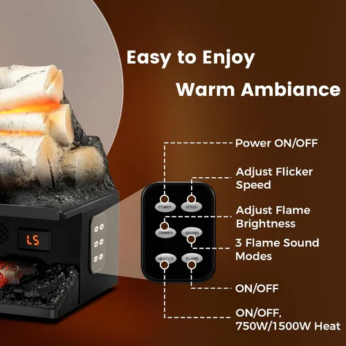 Miniatura 6 de Juego de troncos de chimenea eléctrica independiente de 21 pulgadas con sonido de crepitación, inserto de chimenea calentador con temporizador