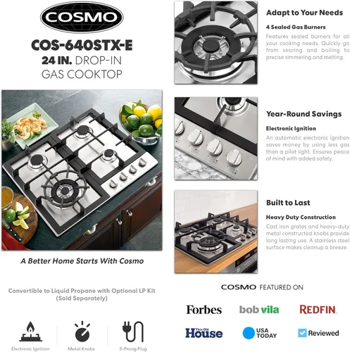 Miniatura 4 de COSMO 640STX-E - Placa de cocina de gas de 24 pulgadas con 4 quemadores sellados, encimera con rejilla de hierro fundido y perillas de metal a