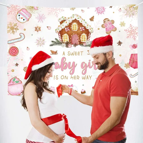 Miniatura 4 de MEHOFOND Fondo de Navidad de 7 x 5 pies para baby shower con texto en inglés "A Sweet Baby Girl is On Her Way", fondo de fotografía de copo de nieve