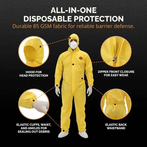 Miniatura 5 de Tiger Tough Yellow Hazmat Suit Disposable - Chemical Protective Coveralls with Hood, PPE Paint Suit, Cleaning Jumpsuit