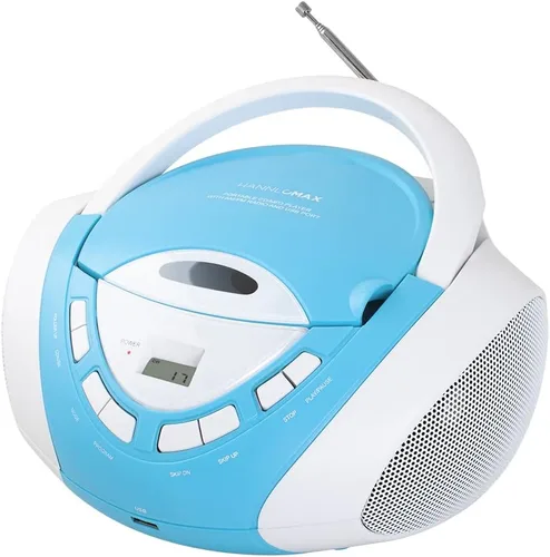 HANNLOMAX HX-320CD CD/MP3 Boombox, radio AM/FM, puerto USB para reproducción de MP3, entrada auxiliar, pantalla LCD, fuente de alimentación dual