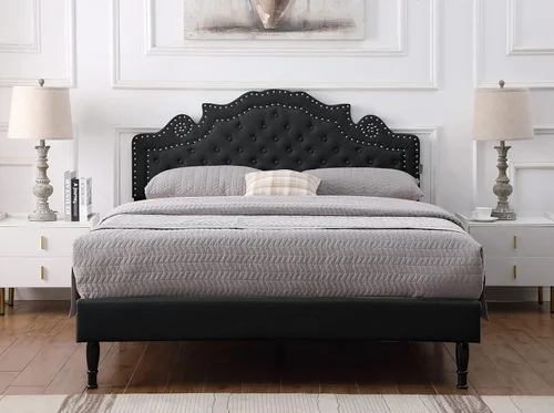 Miniatura 9 de Base de cama de plataforma tapizada tamaño Queen con cabecero ajustable de 47 pulgadas de alto, cama de lino copetuda con botones, soporte de Beige
