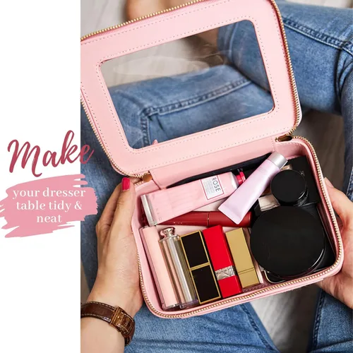 Miniatura 2 de Aveniee Organizador de bolsa de maquillaje transparente, bolsa de aseo de viaje para mujer, bolsa de cosméticos impermeable con cremalleras, Rosa