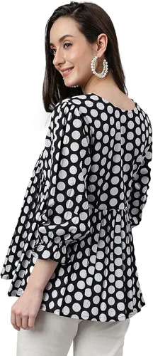 Miniatura 7 de Janasya Top Peplum de algodón negro con estampado de lunares para mujer india