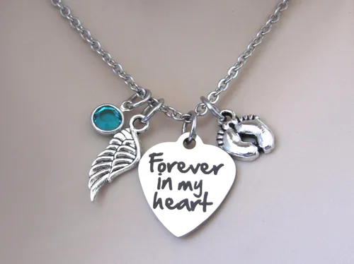 Miniatura 4 de Miscarriage "Forever In My Heart" Necklace with Angel Wing, Baby Feet & Birthstone, Child Loss Memorial, Miscarriage Jewelry - Loss of Child