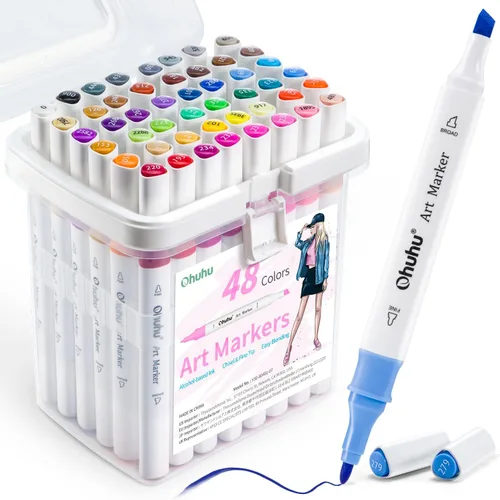 Ohuhu Marcadores, Marcadores de Alcohol de Doble Punta de 48 Colores, Juego de Marcadores Artísticos a Base de Alcohol con Punta Biselada y Fina