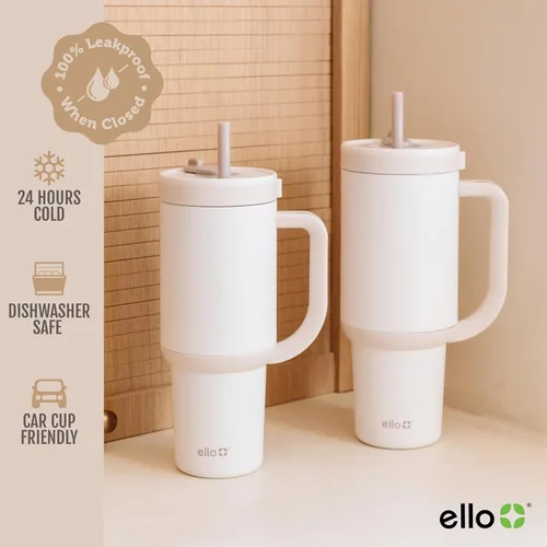 Miniatura 5 de Ello Oasis Vaso de 24 oz con asa y popote retráctil Taza reutilizable de acero inoxidable aislada 100% a prueba de fugas, regalos