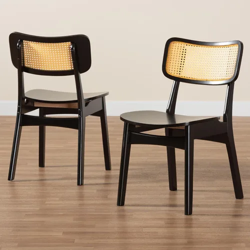 Miniatura 9 de Baxton Studio Tafari Mid-Century - Juego de sillas de comedor de 2 piezas con acabado marrón oscuro y ratán