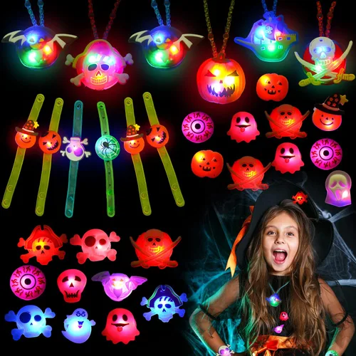 SULOLI 32 piezas de collares con luz de Halloween para anillos, pulseras, juguetes, bolsas de fiesta de Halloween para niños y adultos, que brillan