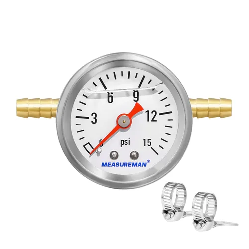 Miniatura 20 de MEASUREMAN - Manómetro, 0 a 15 psi, relleno glicerina, esfera 1.5 pulgadas, caja acero inoxidable 304, montaje central posterior 1/8 NPT, adaptador