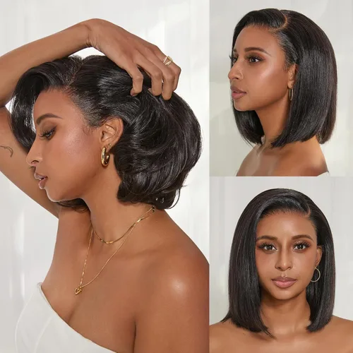 Miniatura 14 de Luvme Hair - Peluca Bob de encaje frontal con bordes rizados 4C, 10 pulgadas, cabello humano lacio tipo afro, sin pegamento, con separación profunda